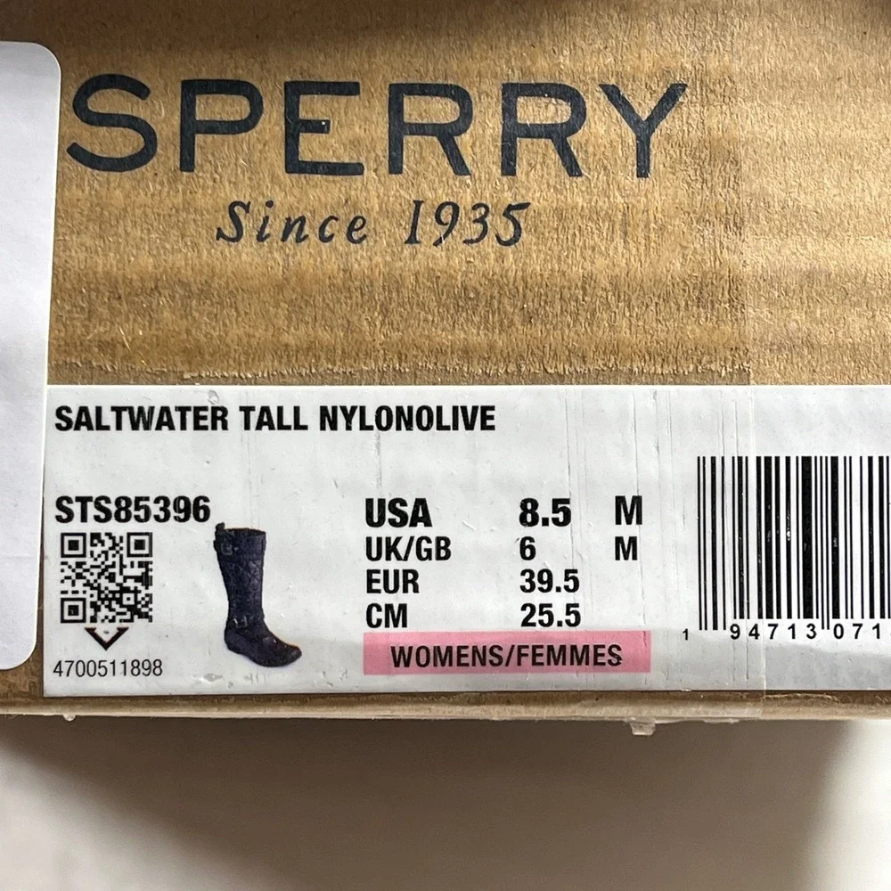 Sperry Saltwater Tall Nylon Duck Boots Womens 8.5 Black NEW w/Box Quilted Buckle